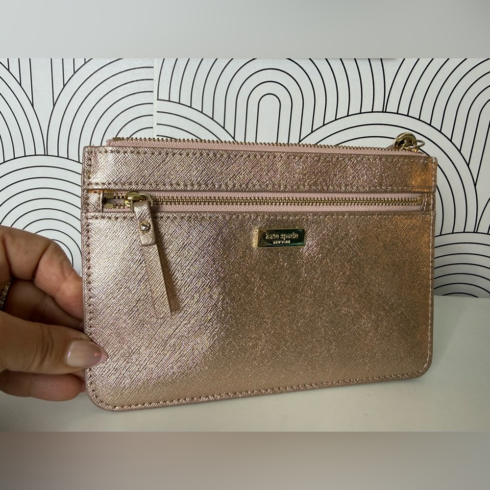 kate spade Metallic Rose Gold Leather Wristlet Clutch with Zip Pocket